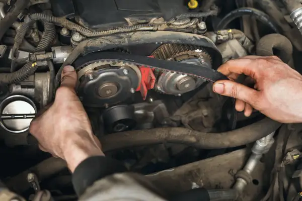 Mains d'un mécanicien ajustant la courroie de distribution essence sur un moteur de voiture.