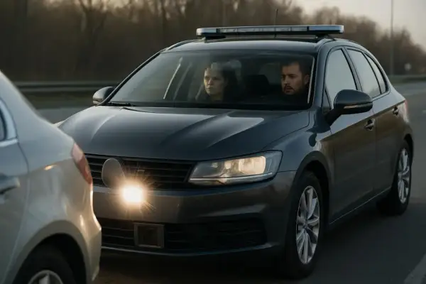 Voiture banalisée avec radar, flash avant activé. Deux policiers à bord, prêts à verbaliser.