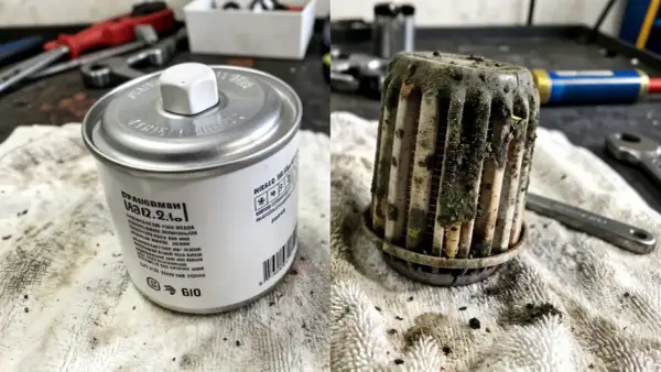 Comparaison d'un filtre à gasoil encrassé et d'un neuf. Le filtre usagé est couvert de saletés et de débris, tandis que le nouveau est propre et prêt à l'emploi.