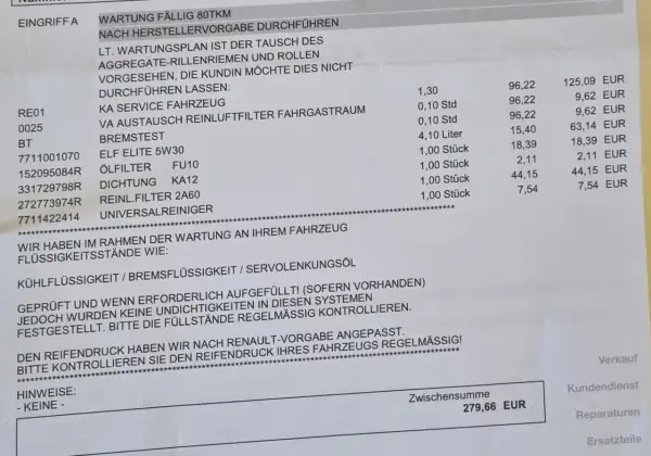Relevé d'entretien pour une Dacia Sandero essence : changement de filtre à air, test des freins, huile moteur, filtre à huile, etc.
