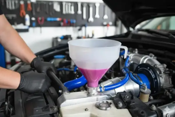 Maintenant, comment purger le liquide de refroidissement sans vis de purge. Un mécanicien verse du liquide rose dans un entonnoir connecté au radiateur.