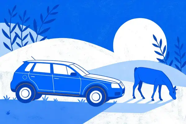 Une voiture qui broute en roulant, à essence, s'arrête près d'un cerf qui broute dans un paysage bleu et blanc.