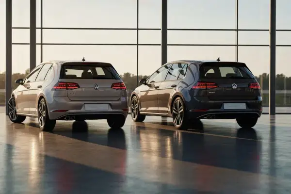 Deux Volkswagen Golf 7, une beige et une grise, vues de l'arrière. Comparaison subtile entre le Golf 7 phase 1 et phase 2.