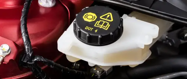 Réservoir de liquide de frein DOT 4, le niveau est visible sur le côté du récipient blanc.