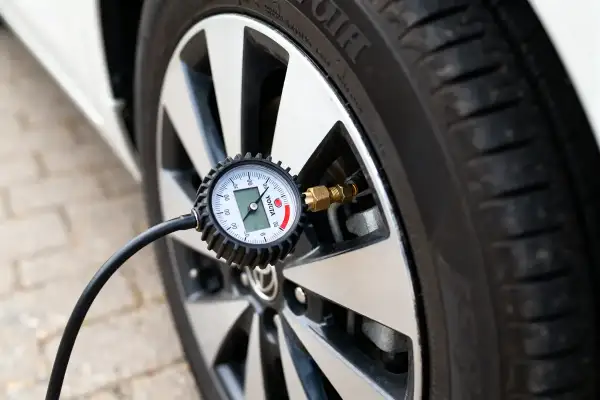 Manomètre mesurant la pression des pneus d'une Toyota Yaris. Le cadran affiche la mesure.