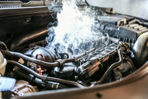 Fumée épaisse s'échappe d'un moteur de voiture, suggérant un bruit de cliquetis moteur diesel inquiétant.