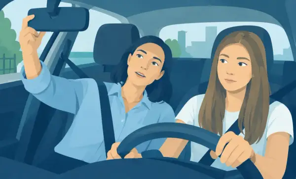 Une jeune femme apprend la conduite accompagnée à 14 ans, guidée par une monitrice attentive.