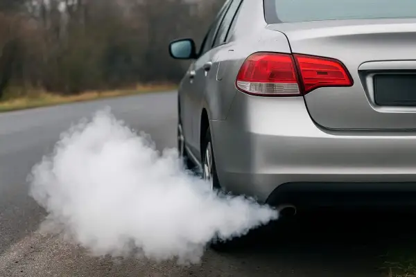 Nuage de fumée blanche sortant du pot d'échappement d'une voiture argentée. Ma voiture sent l'essence, problème mécanique ?